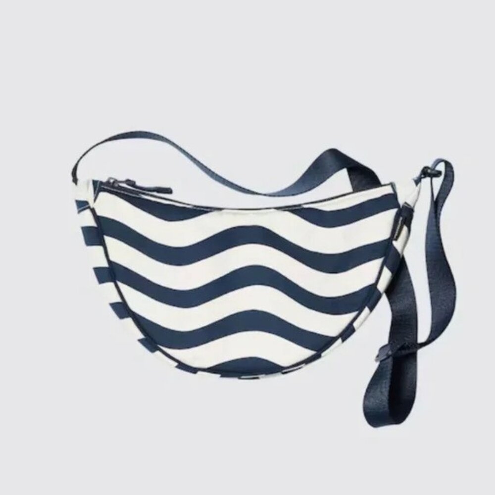 Navy & White Wave-Stripe Crescent Shoulder Bag